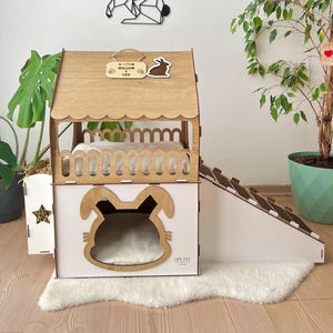 Handmade Two-Story Wooden Rabbit House with Stairs - Custom Bunny Hutch