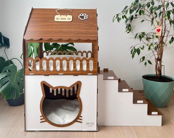 Wooden cat house, Modern cat Furniture,cat houses,Wooden Pet House,Economical cat house, cat decoration Two storey cat house 2 Floor Cat Bed