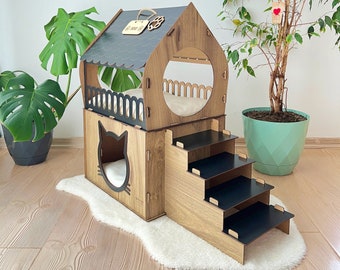 Wooden cat house, Modern cat Furniture,cat houses,Wooden Pet House,Economical cat house, cat decoration Two storey cat house 2 Floor Cat Bed