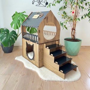Wooden cat house, Modern cat Furniture,cat houses,Wooden Pet House,Economical cat house, cat decoration Two storey cat house 2 Floor Cat Bed