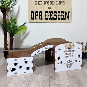 Western Rabbit House with Hay Feeder: Two-Story Wooden Bunny Hutch