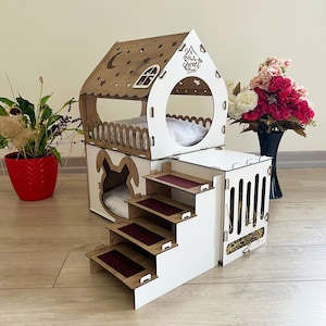 Casa grande de madera para conejos de interior, cama personalizada con rampa, conejera personalizada, regalo hecho a mano para mascotas, casa de dos pisos para conejos