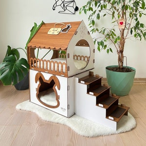 Two-Story Wooden Rabbit House: Modern Pet Castle Bed