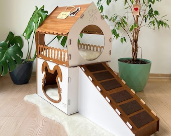 Zweistöckiges Kaninchenhaus aus Holz: Modernes Haustierschloss mit Rampe, Kaninchenhaus, Kaninchenhausplan, Kaninchenspielzeughaus, Kaninchenhaus für drinnen