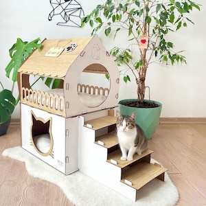 Two-Story Wooden Cat House: Indoor Cat Castle with Custom Nameplate