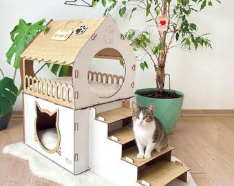 Extra groot kattenhuis, houten kattenhuis met twee verdiepingen, kattenkasteel binnen met aangepast naambord, modern kattenhuis, kattenmeubels, kattenmand