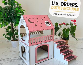Modern Cat Castle, Pink Wooden Bunny House with Ramp, Cute Two-Story Rabbit Hideout, Comfortable Indoor Playhouse & Bed for Small Pets