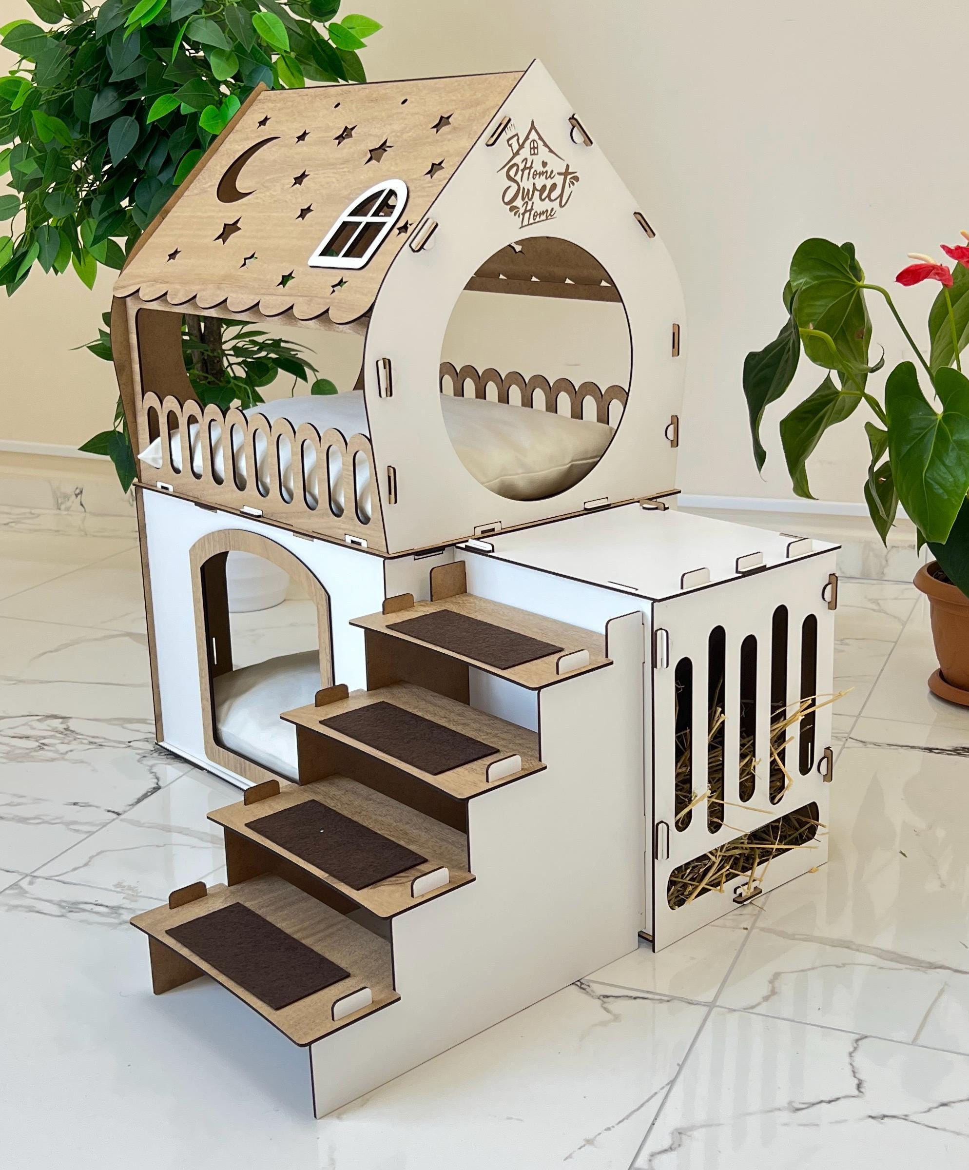 Large Wooden Rabbit House Indoor, Modern Bunny Castle, Wooden Rabbit ...