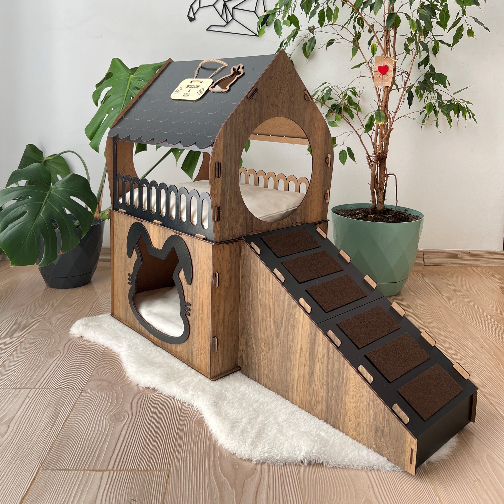 Two-story Wooden Rabbit House: Modern Pet Castle, Dark Wood-colored ...