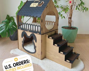 Kaninchenhaus für drinnen, Kaninchenhaus aus Holz, Moderne Kaninchenmöbel, Hasenhaus, Niedliches Hasenbett, Kaninchenspielzeug, Dekoratives Hasenbett aus Holz