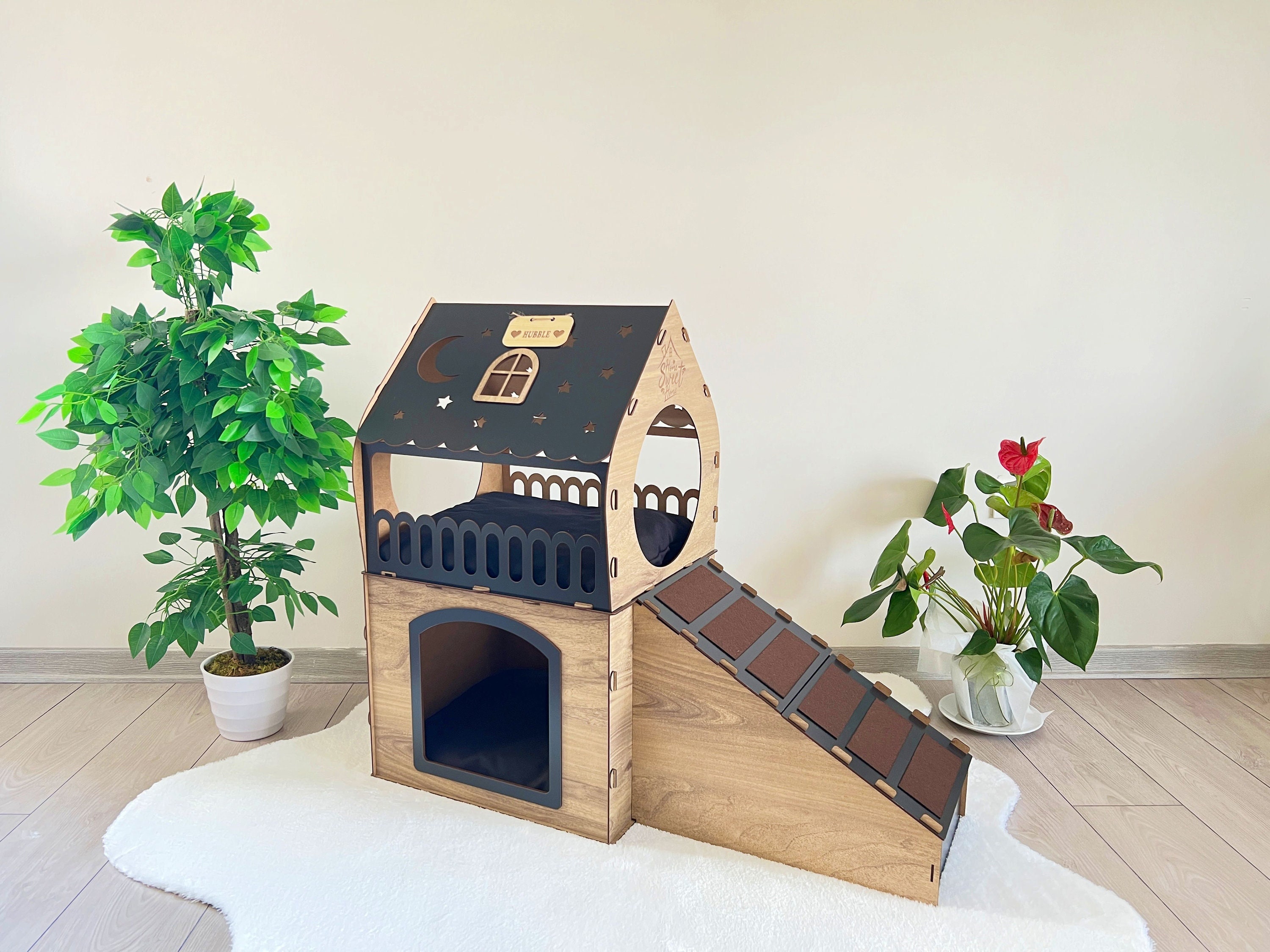 Two-story Wooden Rabbit House, Wooden Rabbit Castle, Bunny Hideout ...
