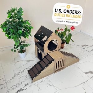 Two-Story Wooden Rabbit House: Indoor Bunny Hutch with Hay Feeder, Modern Bunny House, Rabbit bed, Bunny villa, Bunny bungalov