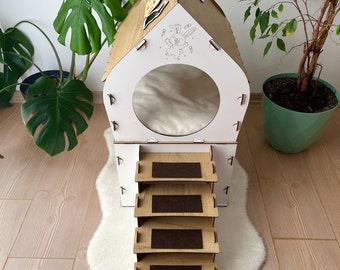 Castello/Gioco Per Conigli In Legno A Due Piani - Con Scale E Casette, Dimensioni 120x35x62.4 Cm