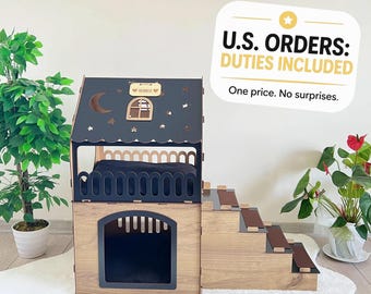 Two-Story Wooden Rabbit House, Modern Bunny Castle, Wooden Bunny Playhouse, Pet Rabbit Wooden Cabin, Comfort Space for Pets, Bunny Hideaway
