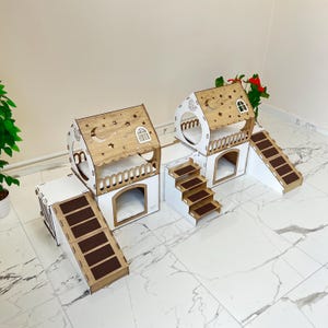 Indoor rabbit house, Handmade rabbit furniture with name, Rabbit playhouse, 2-story house for multiple rabbits, Rabbit tunnel house