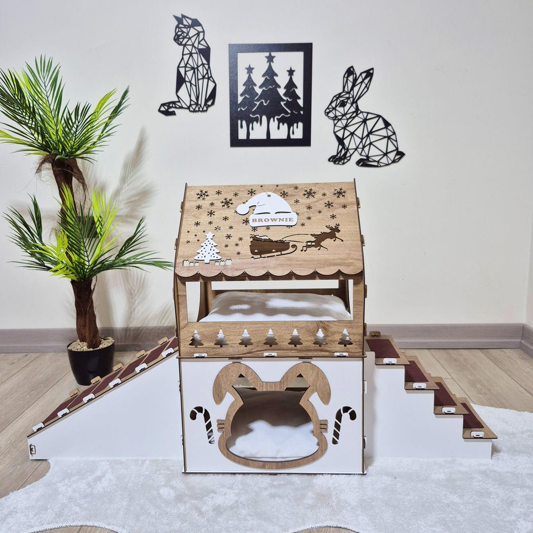 Happy Rabbit House Christmas Rabbit House With Stairs and Ramp, Rabbit Hutch, Rabbit Beds ...
