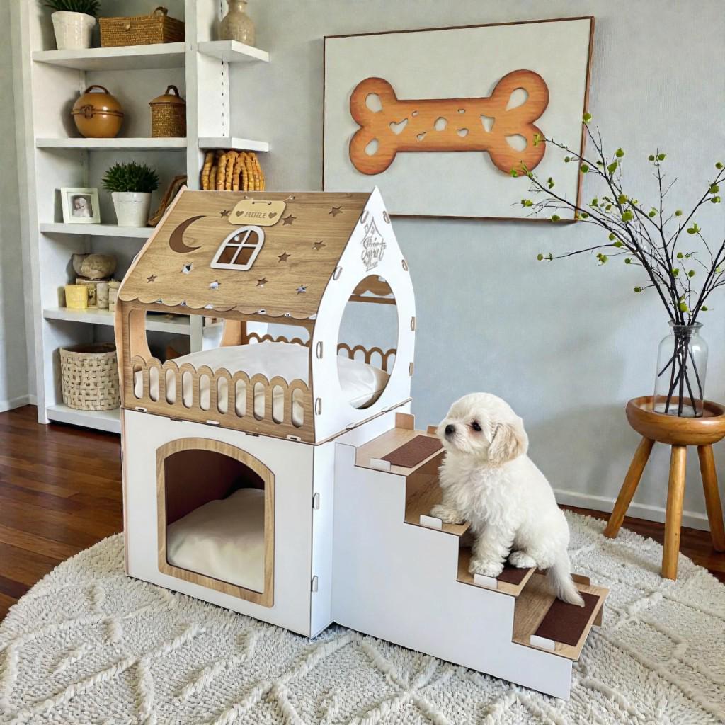 木製犬小屋 ホワイトとグリーンストライプ 室内犬用家具、モダンな犬小屋、小型犬用犬舎、小型犬のための居心地の