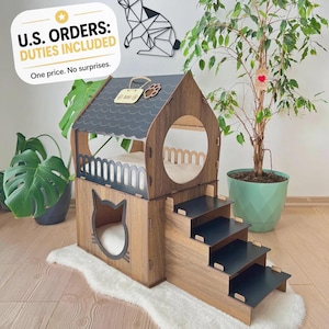 Extra Large Cat House, Two-Story Wooden Cat House, Indoor Cat Castle with Custom Nameplate, Modern Cat House, Cat Furniture, Cat Bed
