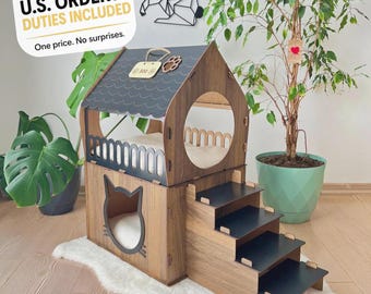 Extra Large Cat House, Two-Story Wooden Cat House, Indoor Cat Castle with Custom Nameplate, Modern Cat House, Cat Furniture, Cat Bed