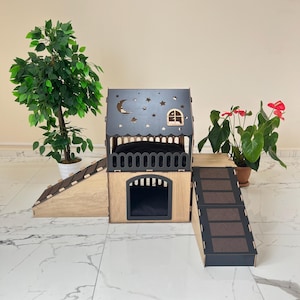 Two-Story Wooden Rabbit House: Indoor Bunny Hutch with Hay Feeder