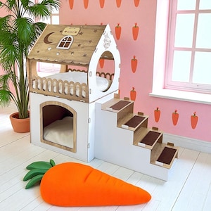 Handgefertigtes zweistöckiges Hasenhaus: Moderner Indoor Hasenstall mit Optionalem Namensschild