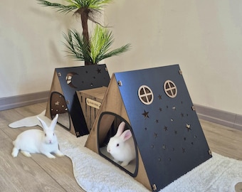 Conjunto de bungalow de 2 piezas, bungalow de madera para conejos, casita de madera para conejos, muebles modernos para conejos, casita para conejos, casa moderna para conejos