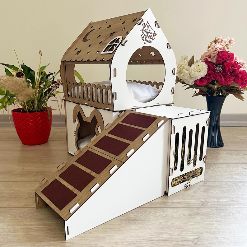 Rustic Double-story Rabbit House, Handmade Wooden Bunny Hutch With Ramp ...