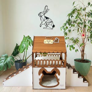 Two-Story Wooden Rabbit House: Modern Bunny Castle with Optional Nameplate