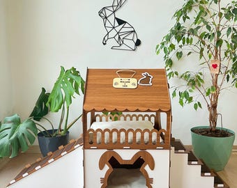 Indoor Rabbit Castle, Cozy Bunny Bed, Chihuahua Indoor House, Wooden Rabbit House, Two-Story Wooden Rabbit House, Modern Bunny Castle