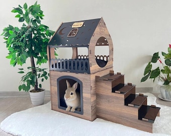 Zweistöckiges Kaninchenhaus aus Holz, modernes Kaninchenhaus, Kaninchenschloss aus Holz, Kaninchenhaus, Kaninchenschloss, braunes Kaninchenhaus, Kaninchenspielhaus