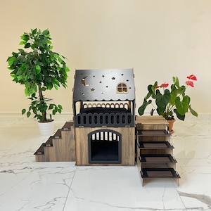 Two-Story Wooden Rabbit House: Indoor Bunny Hutch with Optional Nameplate
