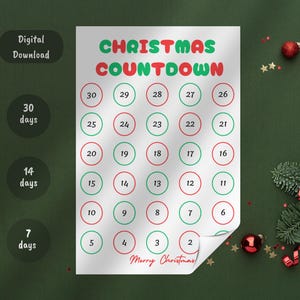Calendario de Adviento de Navidad Póster de cuenta regresiva para Navidad Páginas para colorear navideñas para niños en el aula DIVERTIDAS Descarga digital instantánea