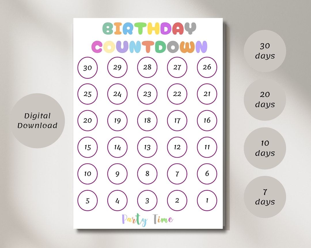 Birthday Countdown Printable Template, Kids Bday Countdown, Rainbow ...
