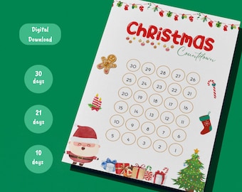May include: A printable Christmas countdown calendar with 30 circles, each with a number from 1 to 30. The circles are arranged in a grid pattern. The calendar is decorated with Christmas-themed illustrations, including a gingerbread man, a candy cane, a stocking, and a Christmas tree.