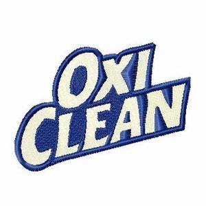 May include: A blue and white embroidered patch with the text "OXI CLEAN" in a stylized font.