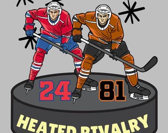 May include: A hockey-themed graphic with the names HOLLANDER and ROZANOV in bold text. A falling puck is centered above two hockey players on a puck that reads "HEATED RIVALRY" with the numbers 24 and 81.
