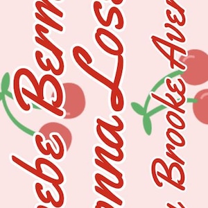 May include: A light pink background with a pattern of red cherries and green stems. The text "Phoebe Berman's Gonna Losett By Brooke Averick" is written in a red, cursive font.