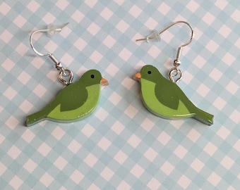Green Bird Earrings, Sterling Silver Hooks, Cute Animal Jewelry