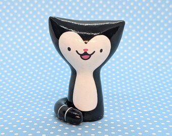 Black and White Tuxedo Kitty Figurine - Miniature Clay Cat Collectible