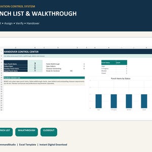 May include: A digital renovation control system spreadsheet template titled Punch List & Walkthrough. The interface displays a Handover Control Center with data tables, status counts, and a bar chart visualising punch items by status.