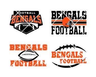 May include: Four different designs for a Bengals football team logo. The logos feature the team name "Bengals" and the word "Football" in orange text. The logos also feature a football and a football helmet.