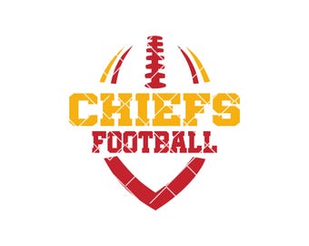 Puede incluir: Un diseño gráfico rojo y amarillo con un balón de fútbol y el texto "CHIEFS FOOTBALL" debajo.