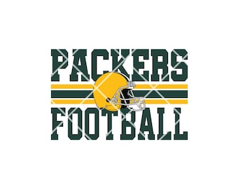 May include: Green and yellow graphic with the text "PACKERS FOOTBALL" and a football helmet.
