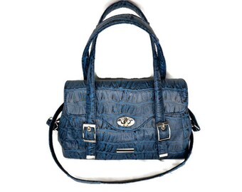 Handmade Women's Purse Top Handle Bag Artificial Leather Dark Blue