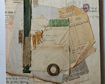 Original collage art, Handmade, Vintage papers, Retro style, Cradled wood