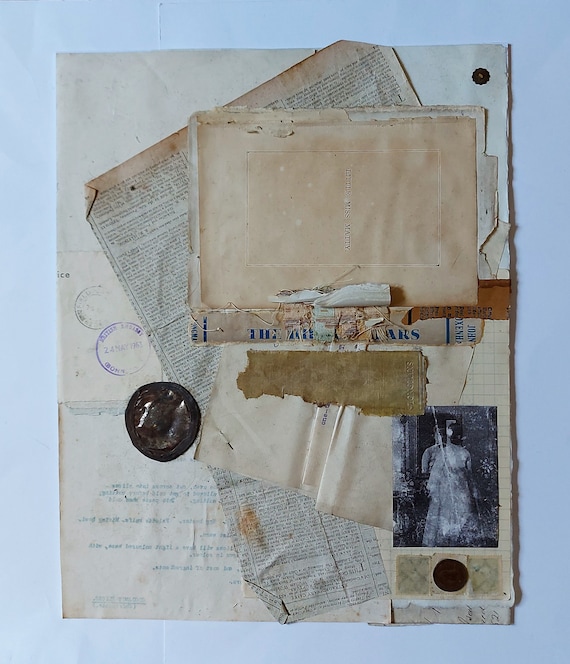 Original mixed media collage wall art, Vintage papers, Collage on board