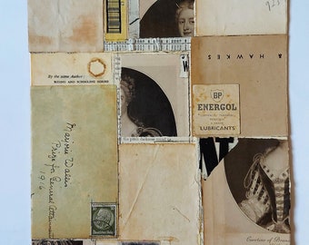 Original collage art, Handmade, Mixed media, Vintage papers, Mountboard