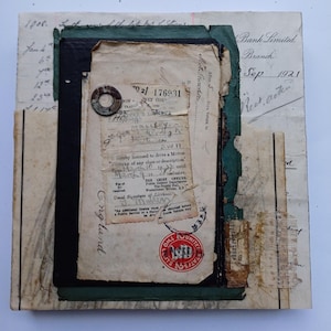 Collage artistico originale, fatto a mano, carte vintage, tecnica mista, 20 cm quadrati