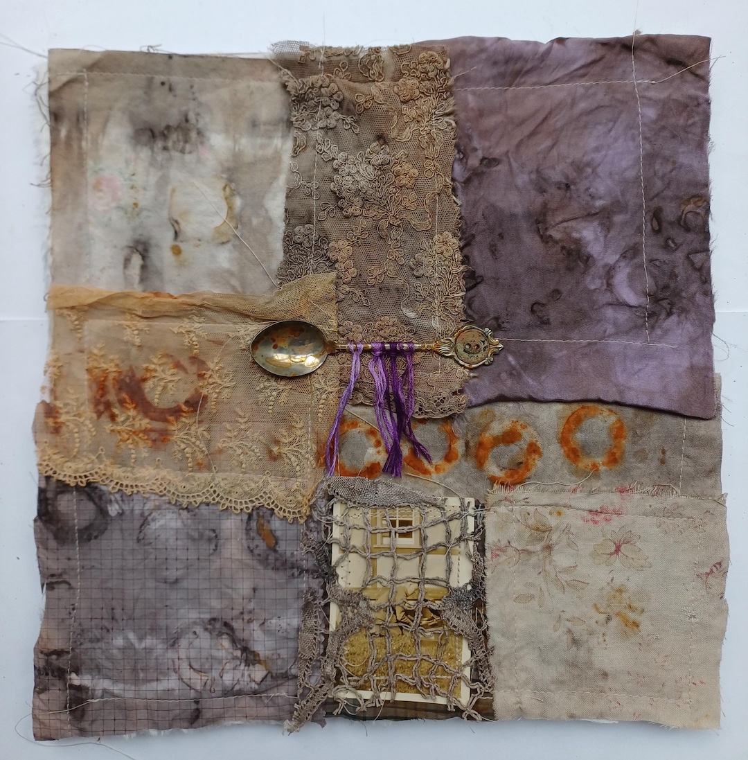 Handmade Textile Collage, Textile Art, Mixed Media Collage, Cradled ...