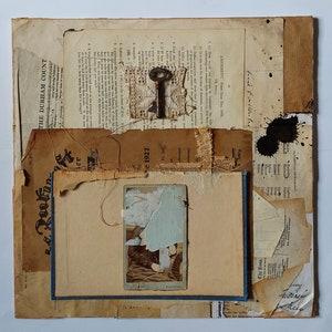Collage originale fatto a mano, tecnica mista, carte vintage, stile retrò, pannello di tela, quadrato 30cm